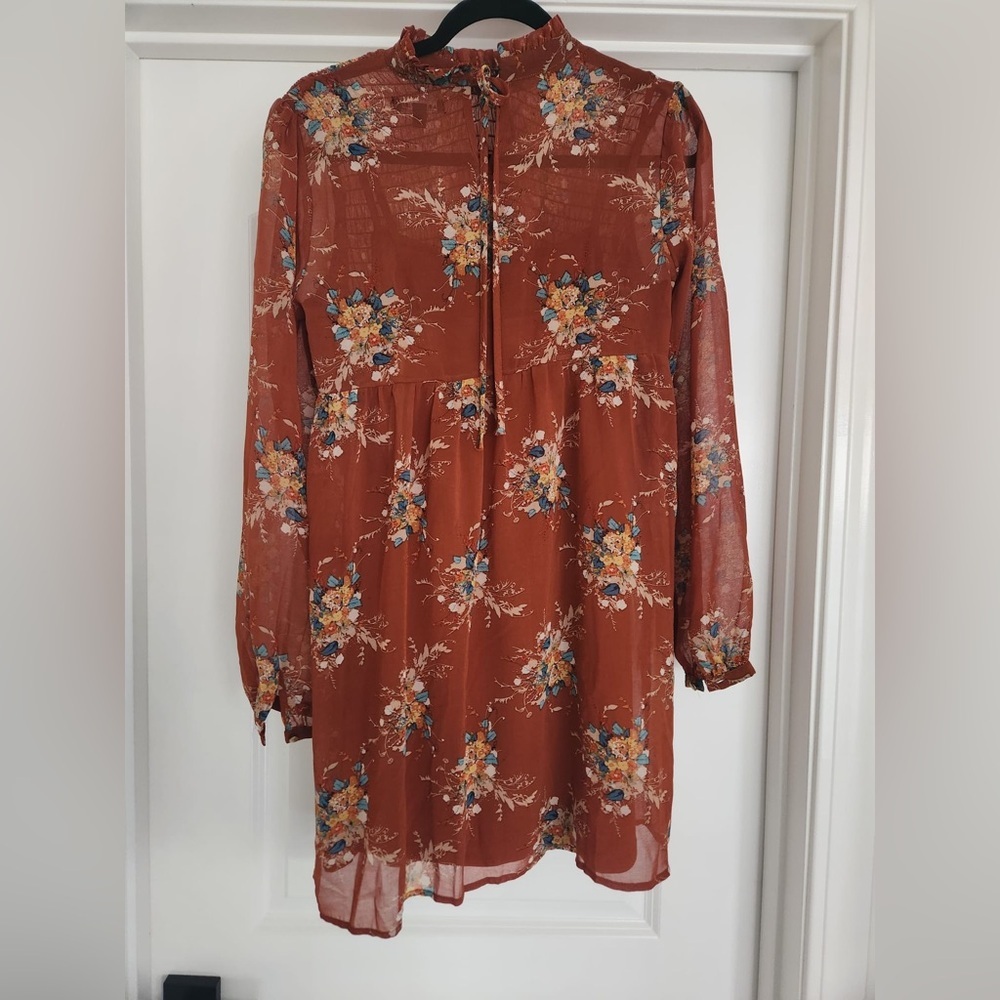 Floral Rust Long Sleeve Dress ( as u wish ) size small ) - Picture 2 of 3